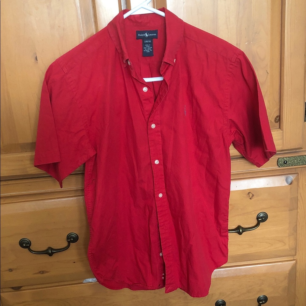 Boys Cotton Ralph Lauren Red Short-Sleeve Button-Down Shirt Size Large 16/18